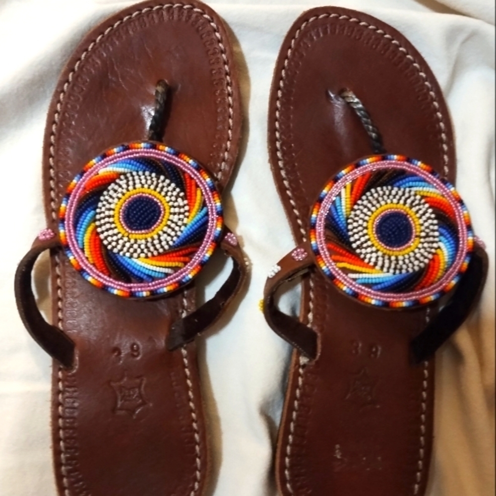 Leather Colorful Beaded Sandals